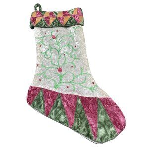 Christmas stocking pink green floral embellished shine triangle decor 17" READ
